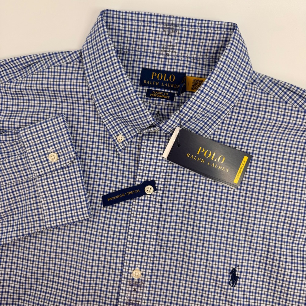 Polo Ralph Lauren Performance Shirt Mens XL Blue White Check Stretch Wicking
